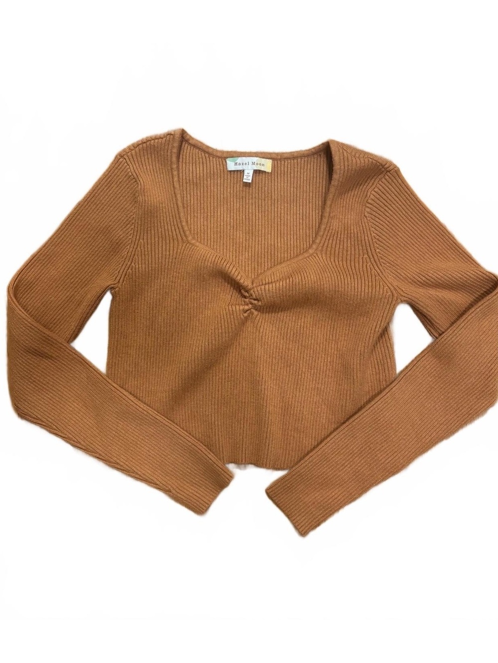 Hazel Moon Women's Medium Ribbed Knit Long Sleeve Crop Swearer in Brown